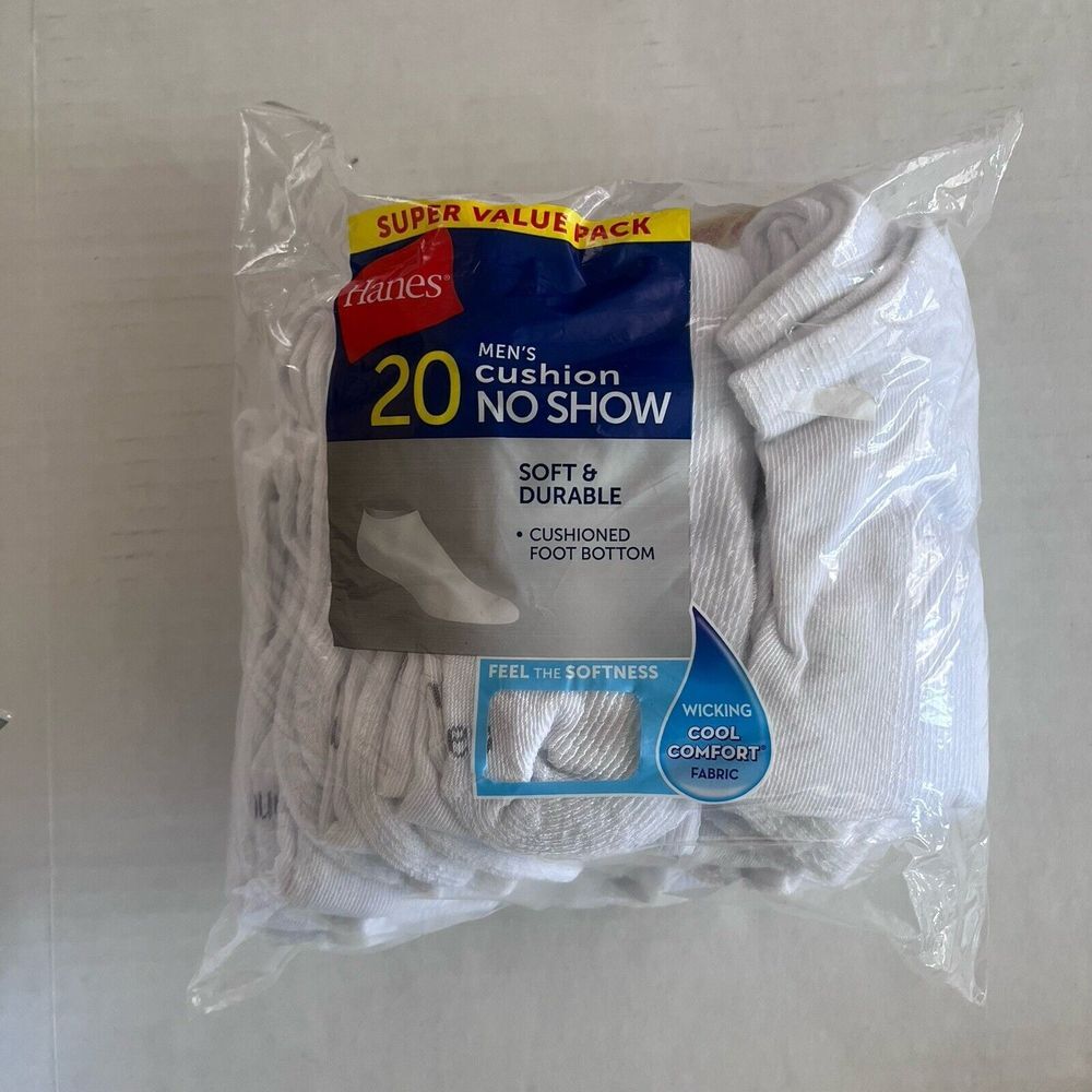 HANES SUPER VALUE 20 PACK MENS CUSHION NO SHOW SOCKS SZ 6-12 white